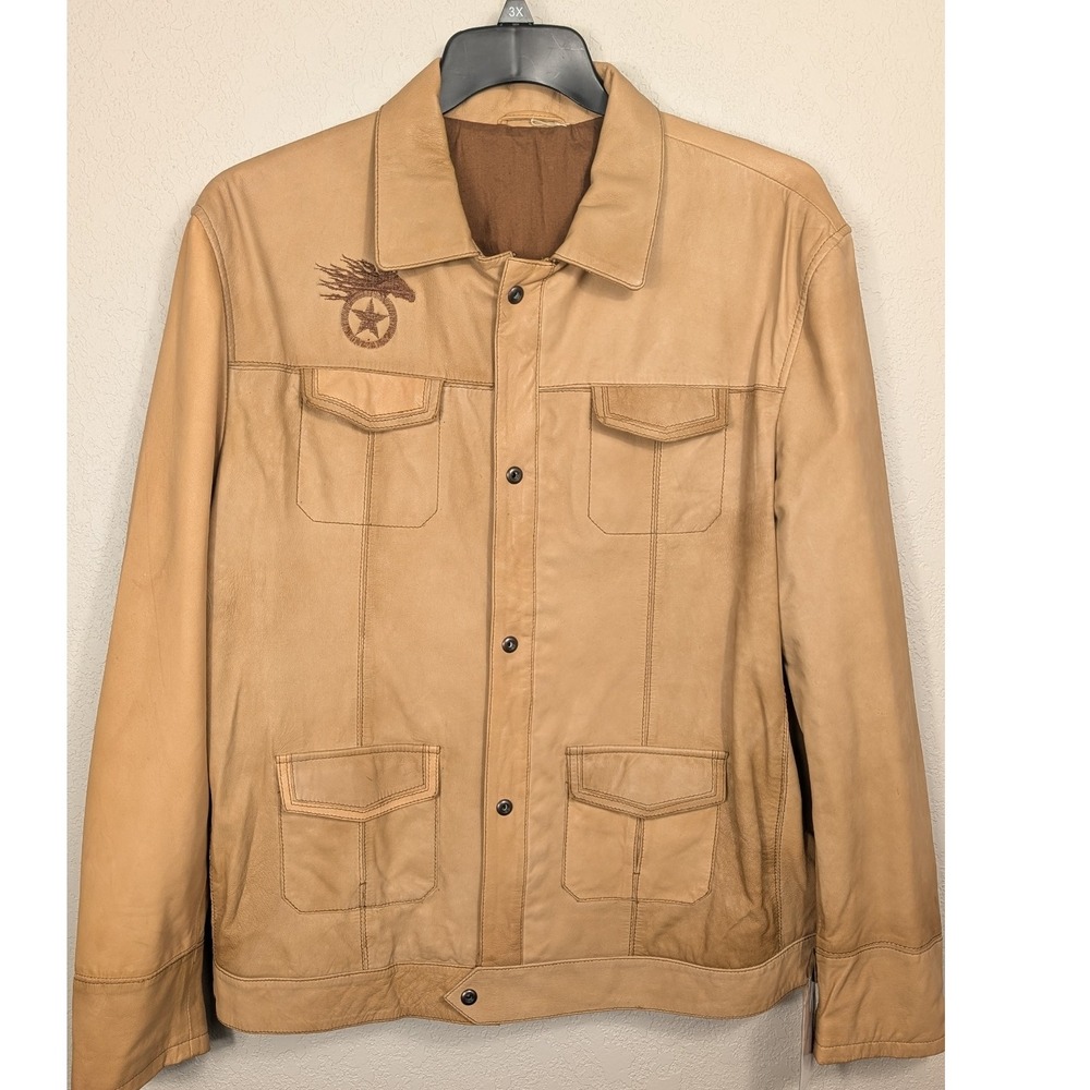 Mens Tan Nappa Leather Jacket Cowboy Western‎ Style Star Embroidery Size L